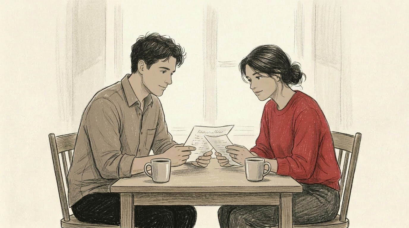 Couple reviewing a shared SameTrack relationship reflection after completing separate individual reflections.